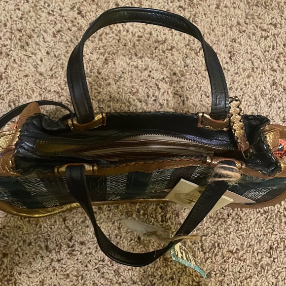 NWT Anthroplogie En Shalla Blue Plaid Crossbody tote bag w/ gold metallic trim - Picture 10 of 12